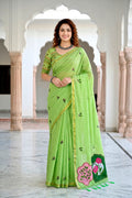 Parrot Green Cotton Blend Woven Work Traditional Saree