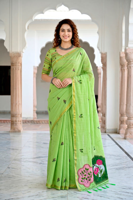 Parrot Green Cotton Blend Woven Work Traditional Saree
