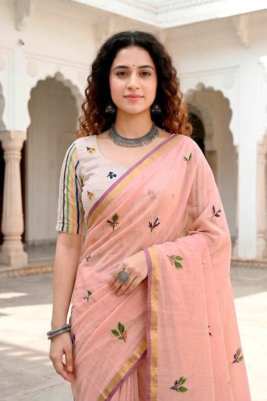 Peach Cotton Blend Woven Work Traditional Saree