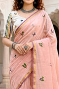 Peach Cotton Blend Woven Work Traditional Saree