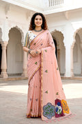 Peach Cotton Blend Woven Work Traditional Saree