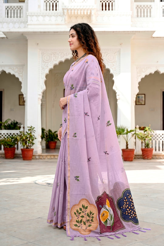 Lavender Cotton Blend Woven Work Traditional Saree