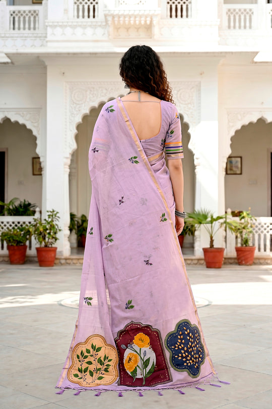 Lavender Cotton Blend Woven Work Traditional Saree