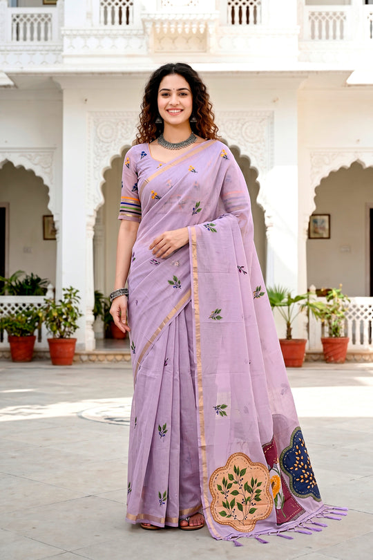 Lavender Cotton Blend Woven Work Traditional Saree