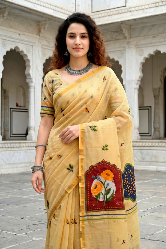 Mustard Yellow Cotton Blend Woven Work Traditional Saree