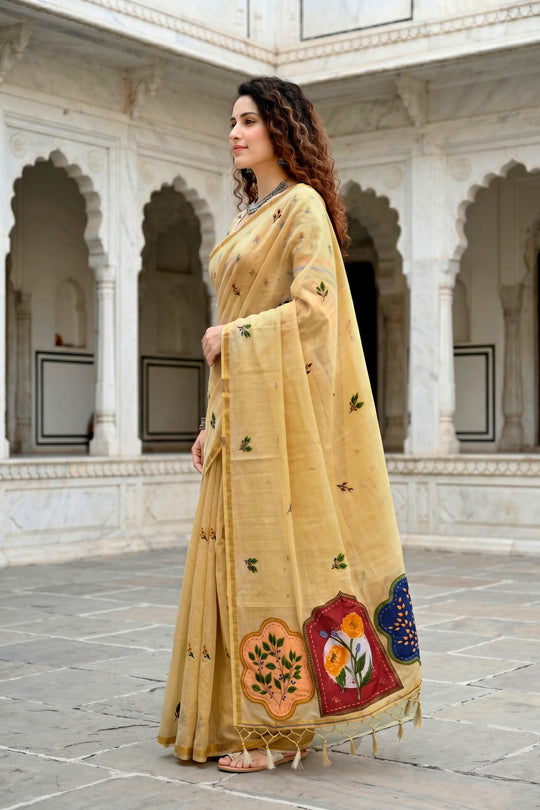 Mustard Yellow Cotton Blend Woven Work Traditional Saree