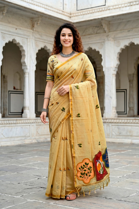 Mustard Yellow Cotton Blend Woven Work Traditional Saree