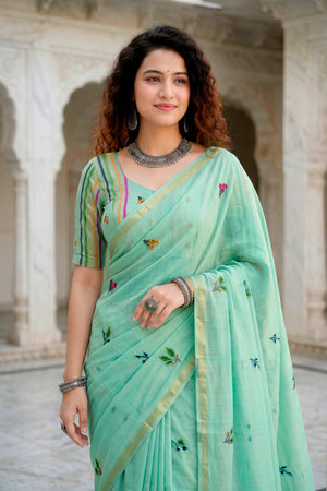 Aqua Green Cotton Blend Woven Work Traditional Saree