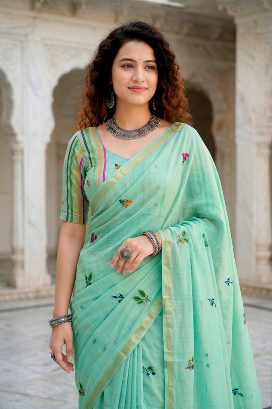 Aqua Green Cotton Blend Woven Work Traditional Saree