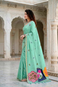 Aqua Green Cotton Blend Woven Work Traditional Saree