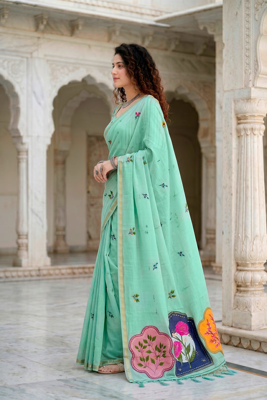 Aqua Green Cotton Blend Woven Work Traditional Saree