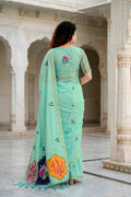 Aqua Green Cotton Blend Woven Work Traditional Saree