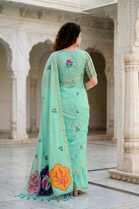 Aqua Green Cotton Blend Woven Work Traditional Saree