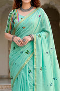 Aqua Green Cotton Blend Woven Work Traditional Saree