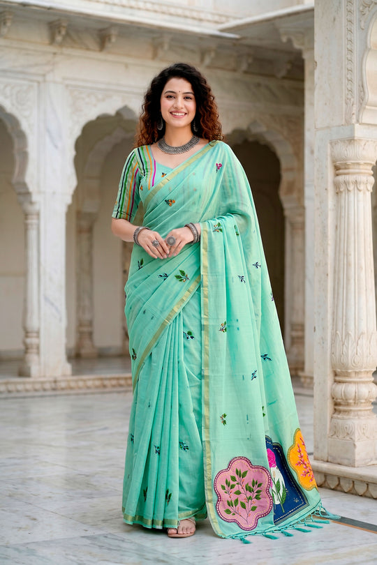 Aqua Green Cotton Blend Woven Work Traditional Saree