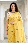Lemon Yellow Cotton Blend Woven Work Traditional Saree