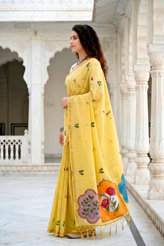 Lemon Yellow Cotton Blend Woven Work Traditional Saree