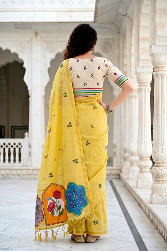 Lemon Yellow Cotton Blend Woven Work Traditional Saree