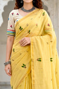 Lemon Yellow Cotton Blend Woven Work Traditional Saree