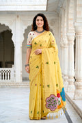 Lemon Yellow Cotton Blend Woven Work Traditional Saree