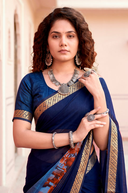 Navy Blue Georgette Woven Work Traditional Saree