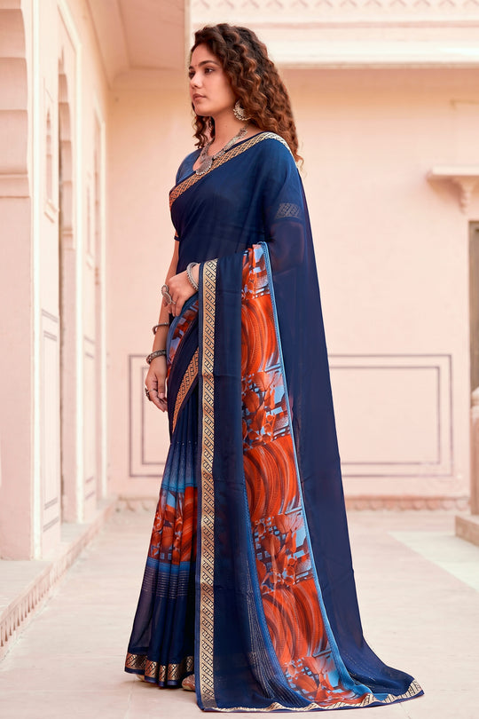 Navy Blue Georgette Woven Work Traditional Saree