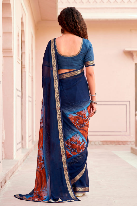 Navy Blue Georgette Woven Work Traditional Saree