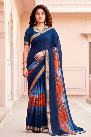 Navy Blue Georgette Woven Work Traditional Saree