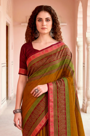Mustard Georgette Woven Work Traditional Saree