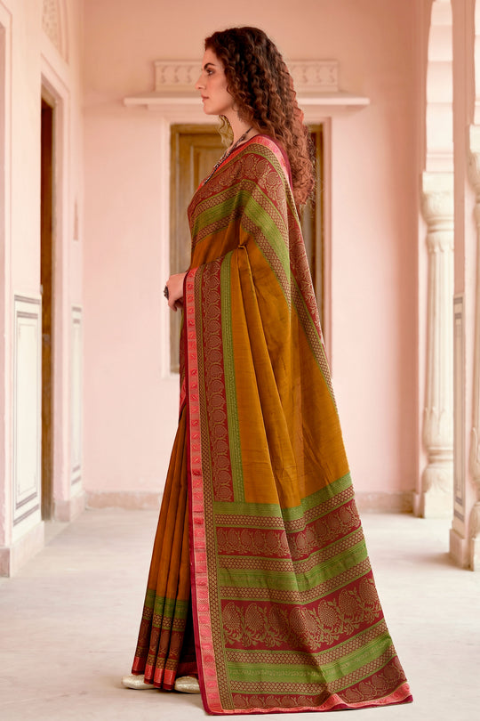 Mustard Georgette Woven Work Traditional Saree