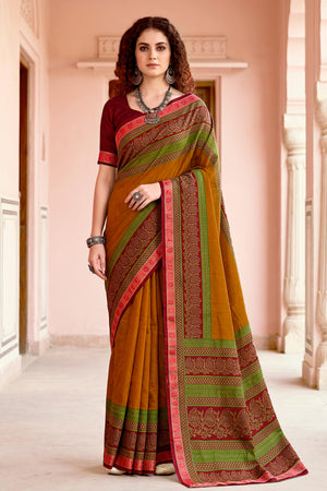 Mustard Georgette Woven Work Traditional Saree