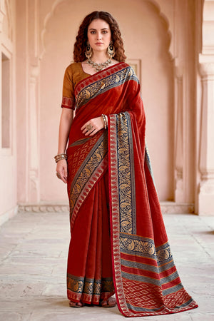 Deep Red Georgette Woven Work Traditional Saree
