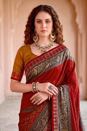 Deep Red Georgette Woven Work Traditional Saree