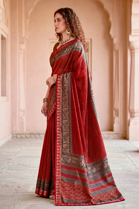 Deep Red Georgette Woven Work Traditional Saree