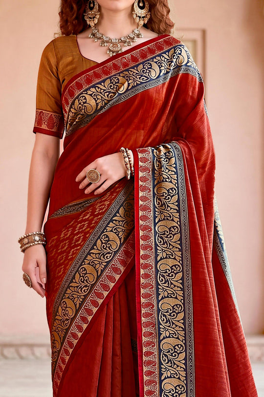 Deep Red Georgette Woven Work Traditional Saree