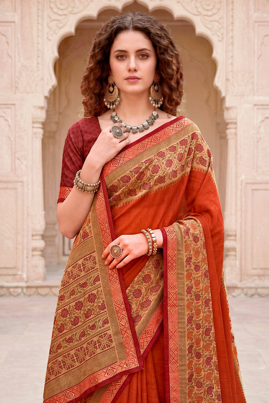 Rust Orange Georgette Woven Work Traditional Saree