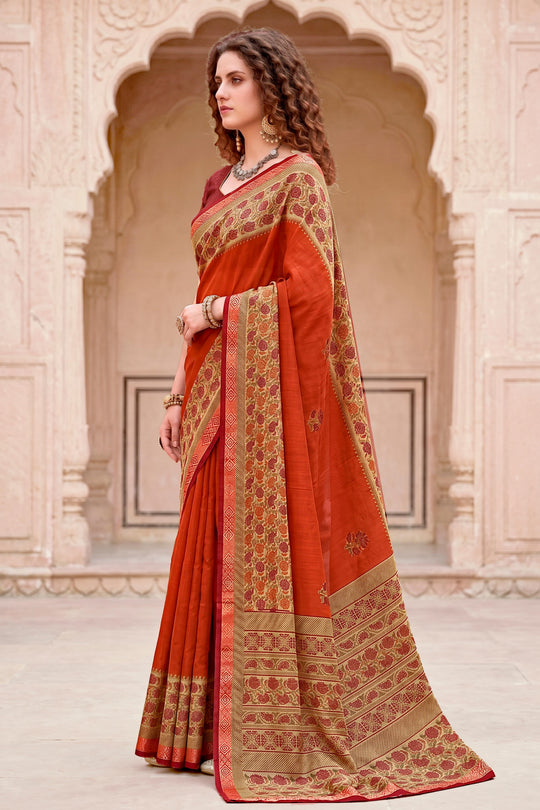 Rust Orange Georgette Woven Work Traditional Saree