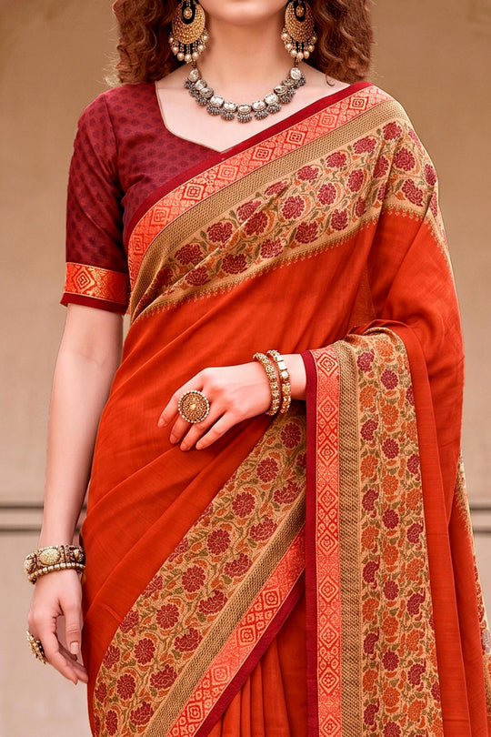Rust Orange Georgette Woven Work Traditional Saree