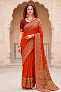 Rust Orange Georgette Woven Work Traditional Saree