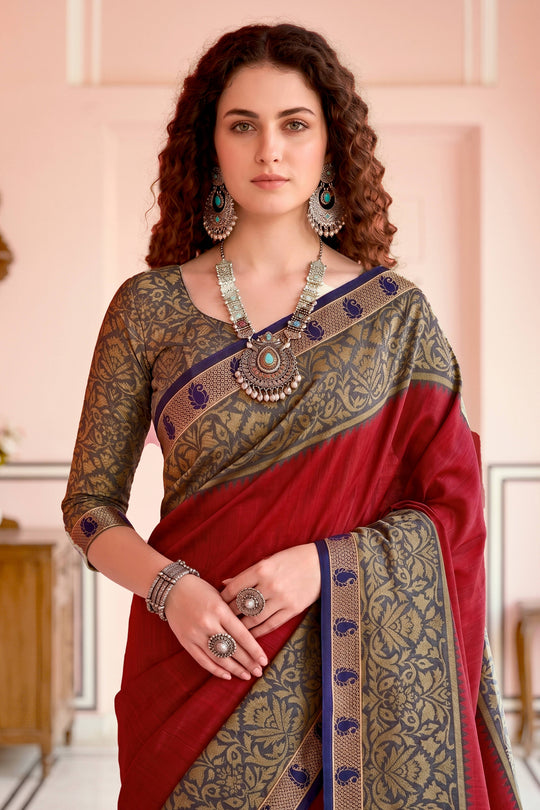 Crimson Red Georgette Woven Work Traditional Saree