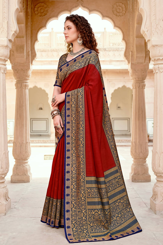 Crimson Red Georgette Woven Work Traditional Saree