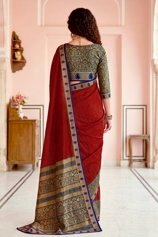 Crimson Red Georgette Woven Work Traditional Saree