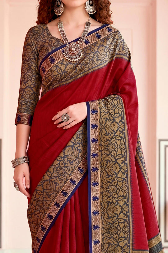 Crimson Red Georgette Woven Work Traditional Saree
