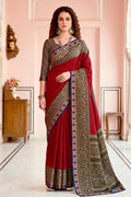 Crimson Red Georgette Woven Work Traditional Saree
