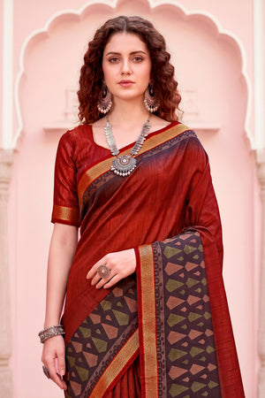 Rust Red Georgette Woven Work Traditional Saree