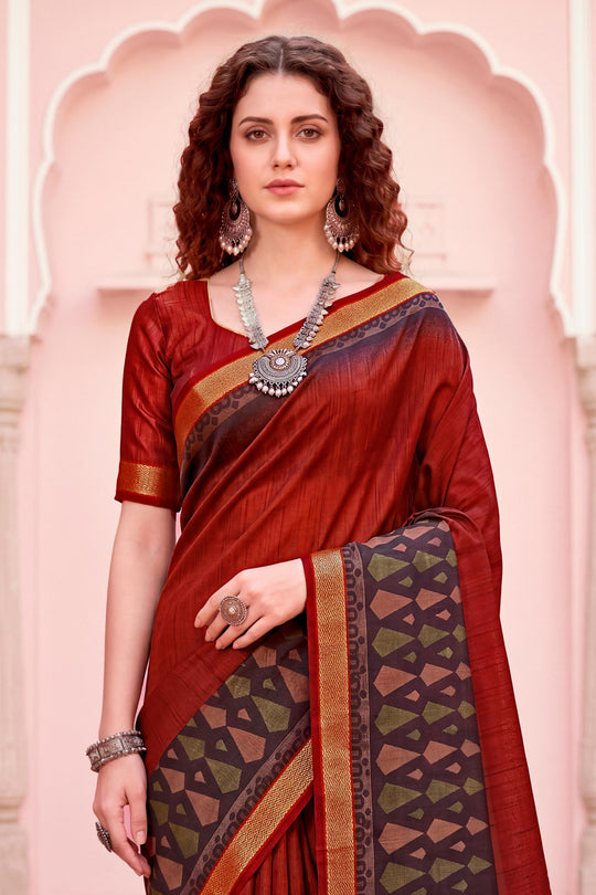 Rust Red Georgette Woven Work Traditional Saree