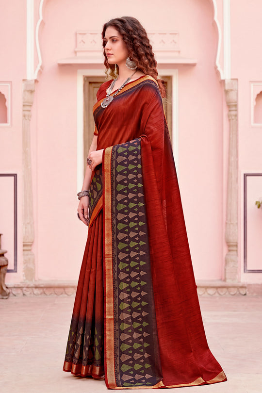 Rust Red Georgette Woven Work Traditional Saree