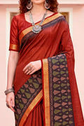 Rust Red Georgette Woven Work Traditional Saree