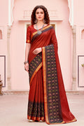 Rust Red Georgette Woven Work Traditional Saree