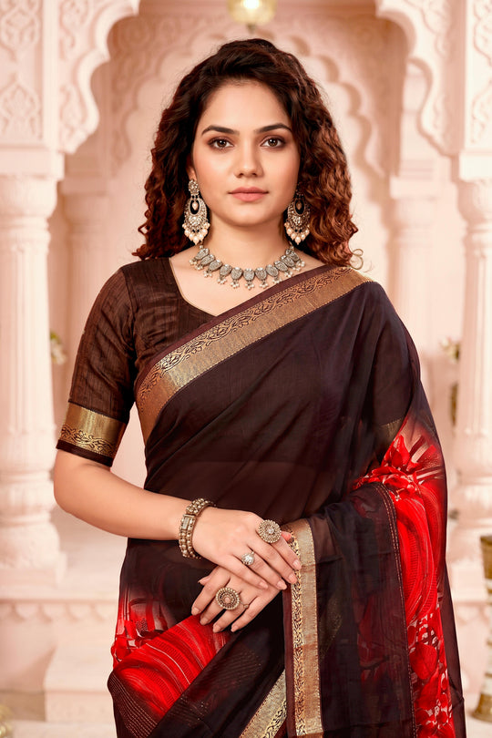 Chocolate Brown Georgette Woven Work Traditional Saree